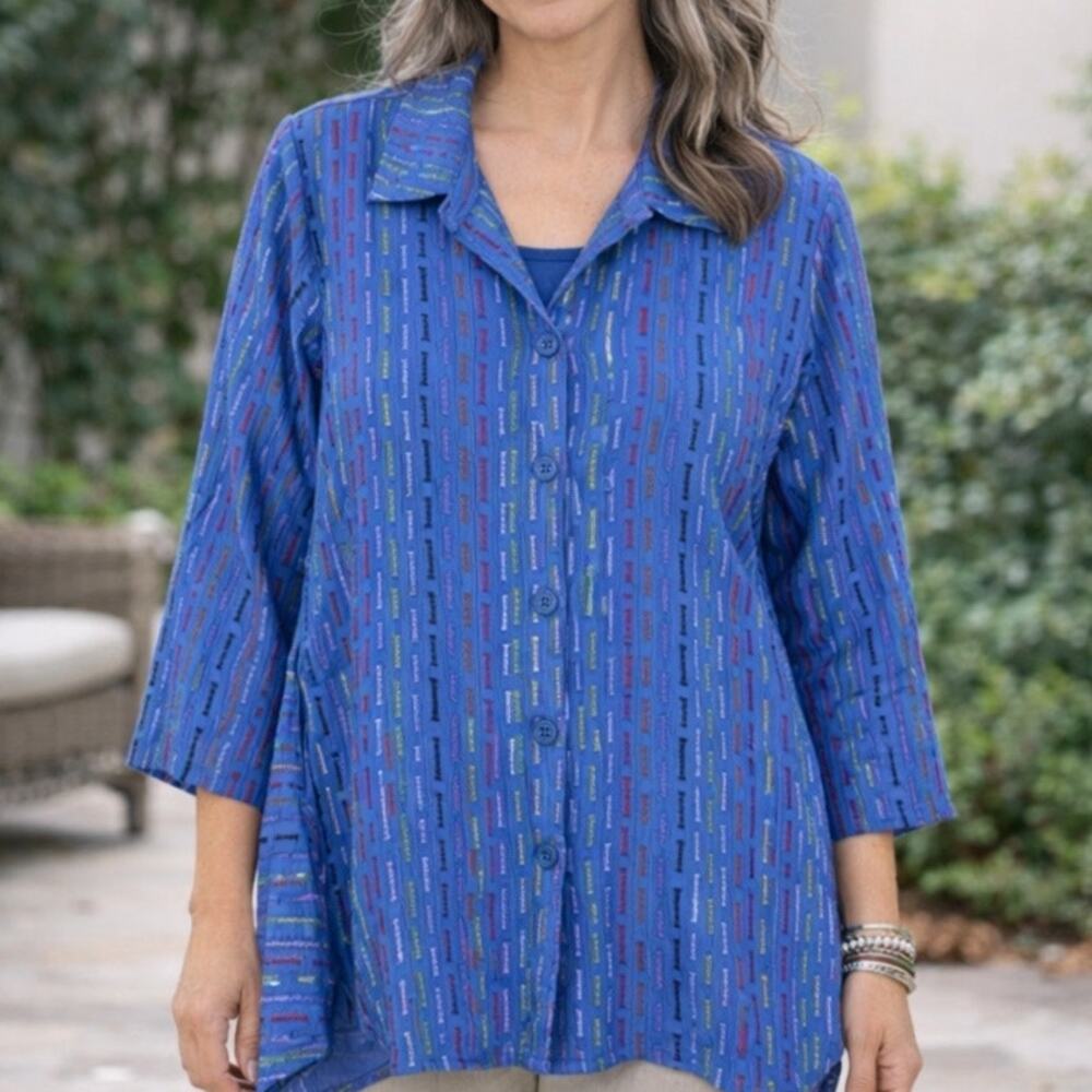 Habitat Clothes to Live In Small Tunic Blue Colorful Dashes 3/4 Sleeve Lagenlook